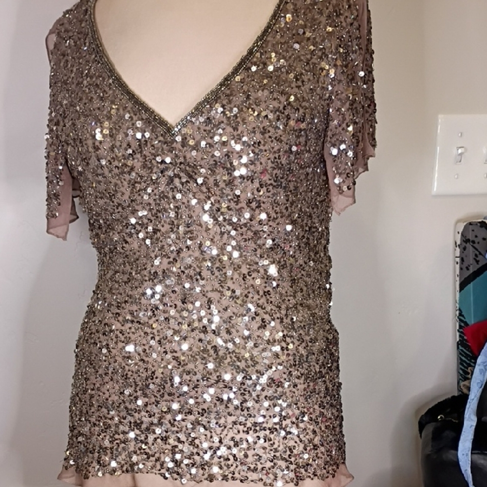 Adrianna Papell Rose Gold Sequin V-Neck Top